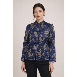 VTG Chinese Dragon Tang Suit Jacket Women L Navy Blue Satin Brocade Frog Button